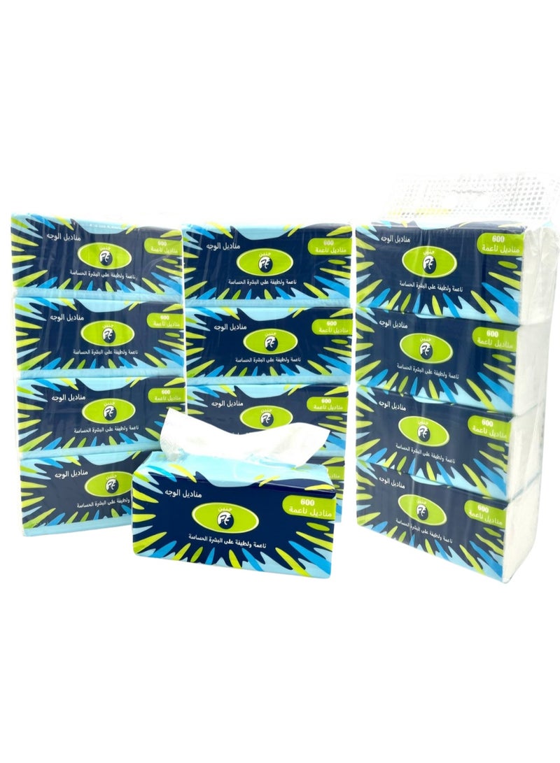 مناديل حنين السميكة والناعمة للوجه - عبوة من 12 علبة، 4 طبقات، 600 منديل لكل علبة، بإجمالي 7200 منديل - Image 1